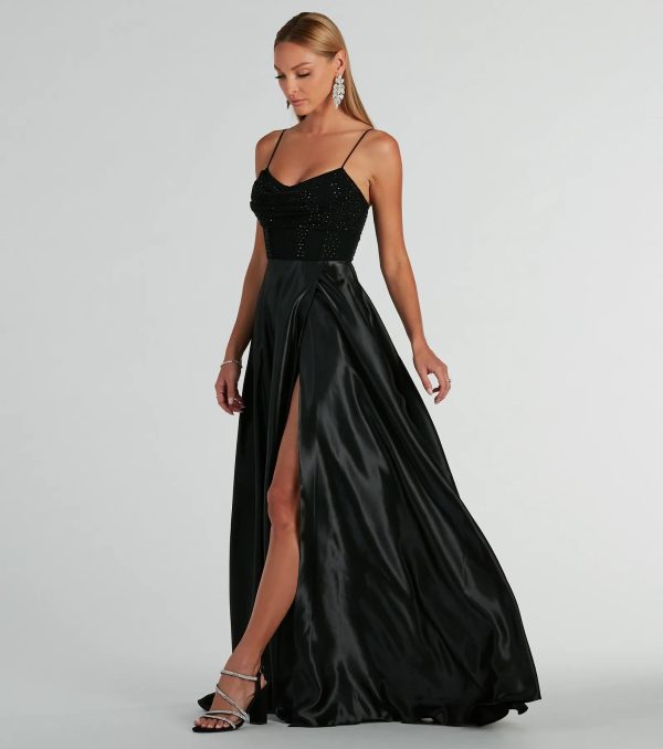 Ammara Cowl Neck Slit A-Line Satin Formal Dress - Image 4