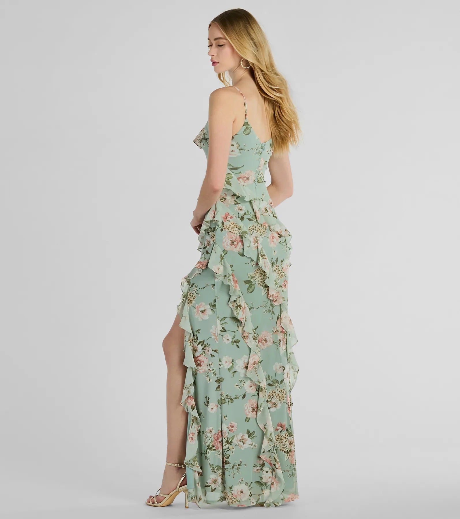 Helga V-Neck Ruffled Mermaid Floral Formal Dress - Image 2
