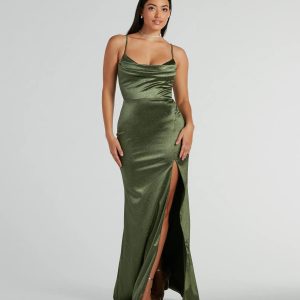 Melody Cowl Neck Mermaid Glitter Satin Formal Dress