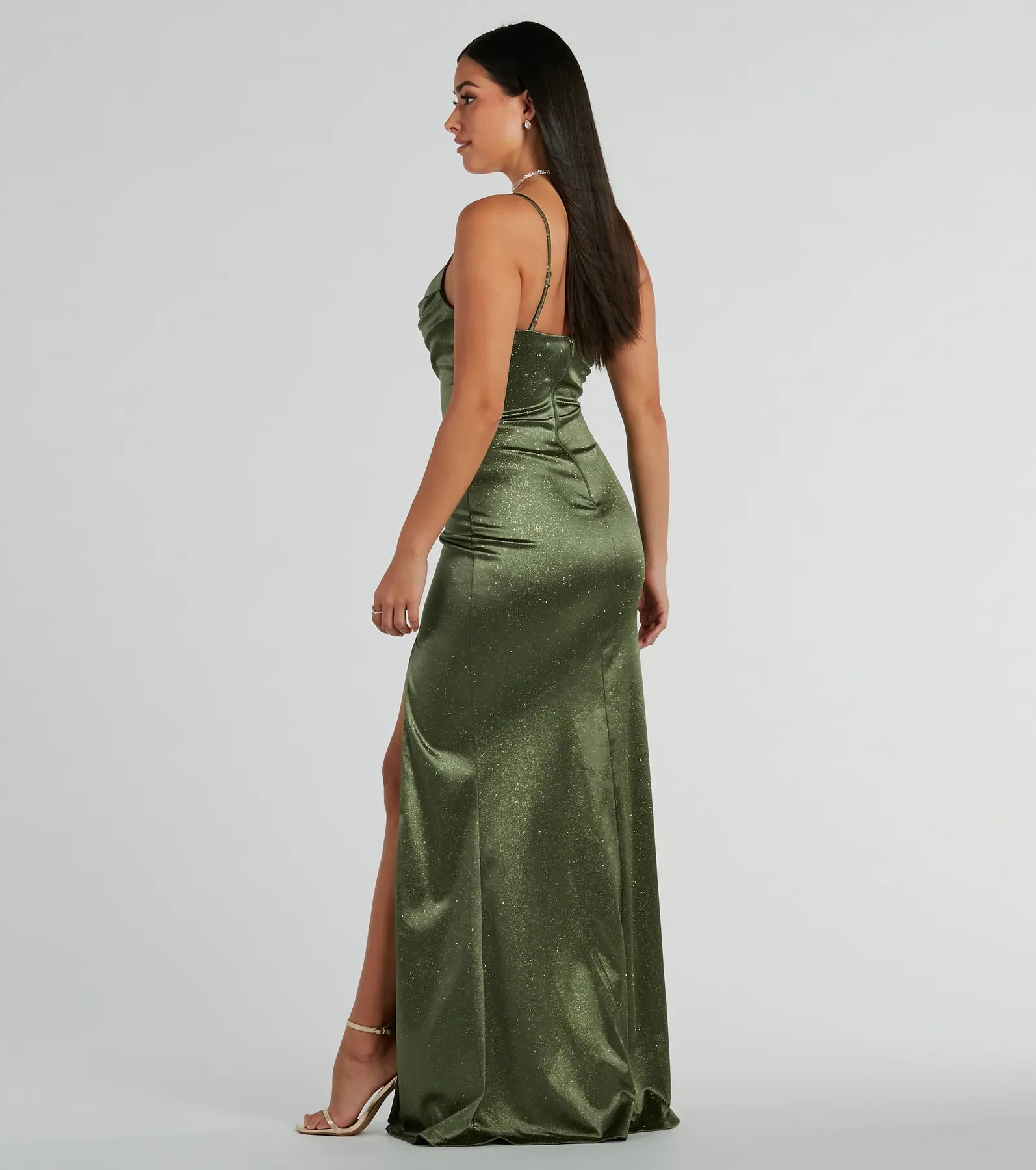Melody Cowl Neck Mermaid Glitter Satin Formal Dress - Image 2