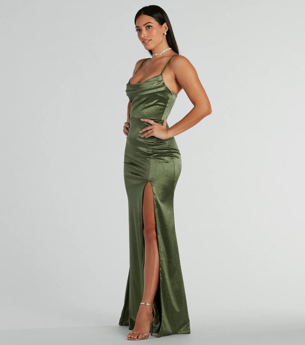 Melody Cowl Neck Mermaid Glitter Satin Formal Dress - Image 4