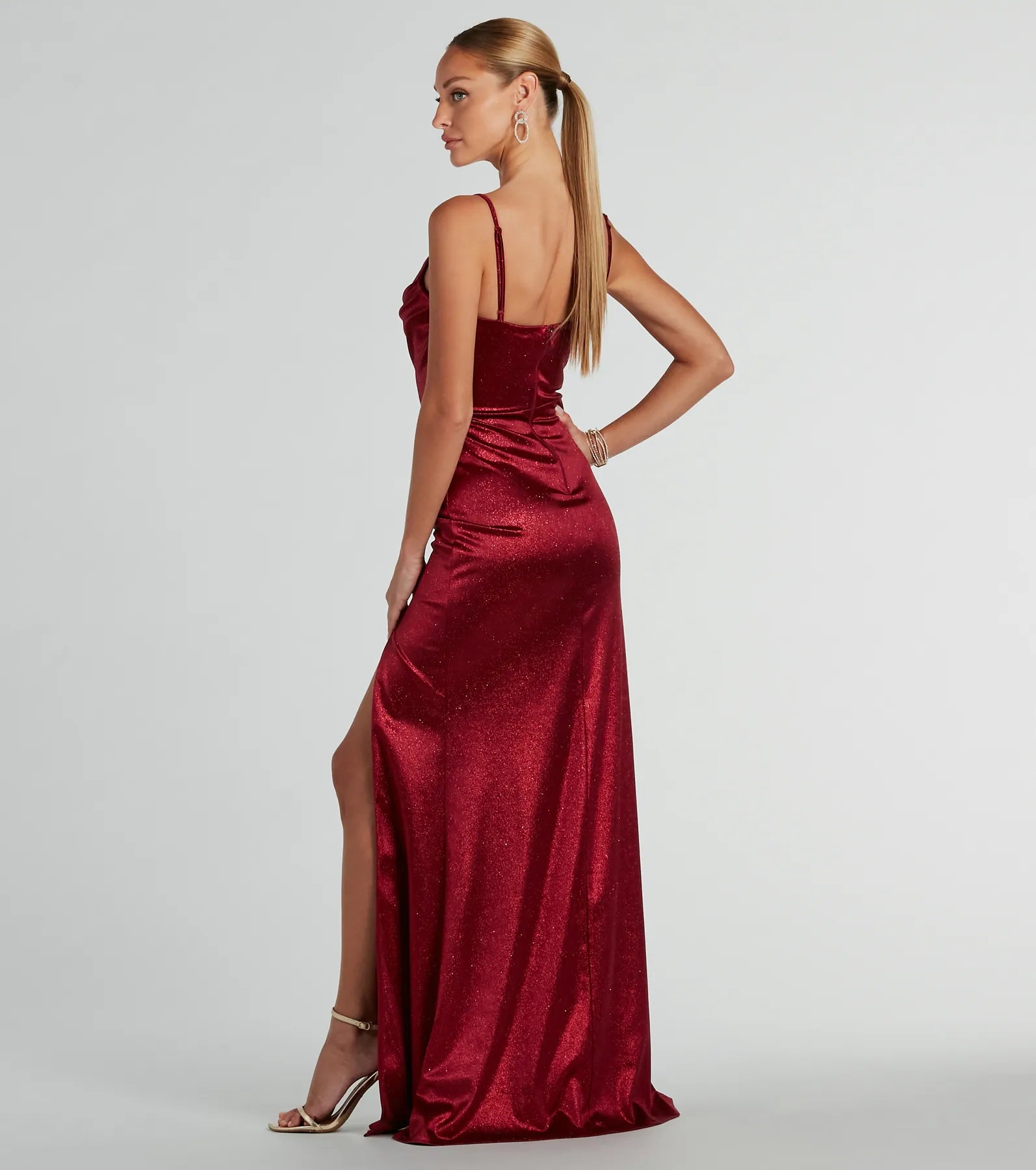 Melody Cowl Neck Mermaid Glitter Satin Formal Dress - Image 6
