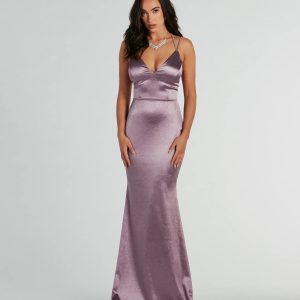 Melanie Sleeveless Lace-Up Glitter Satin Formal Dress
