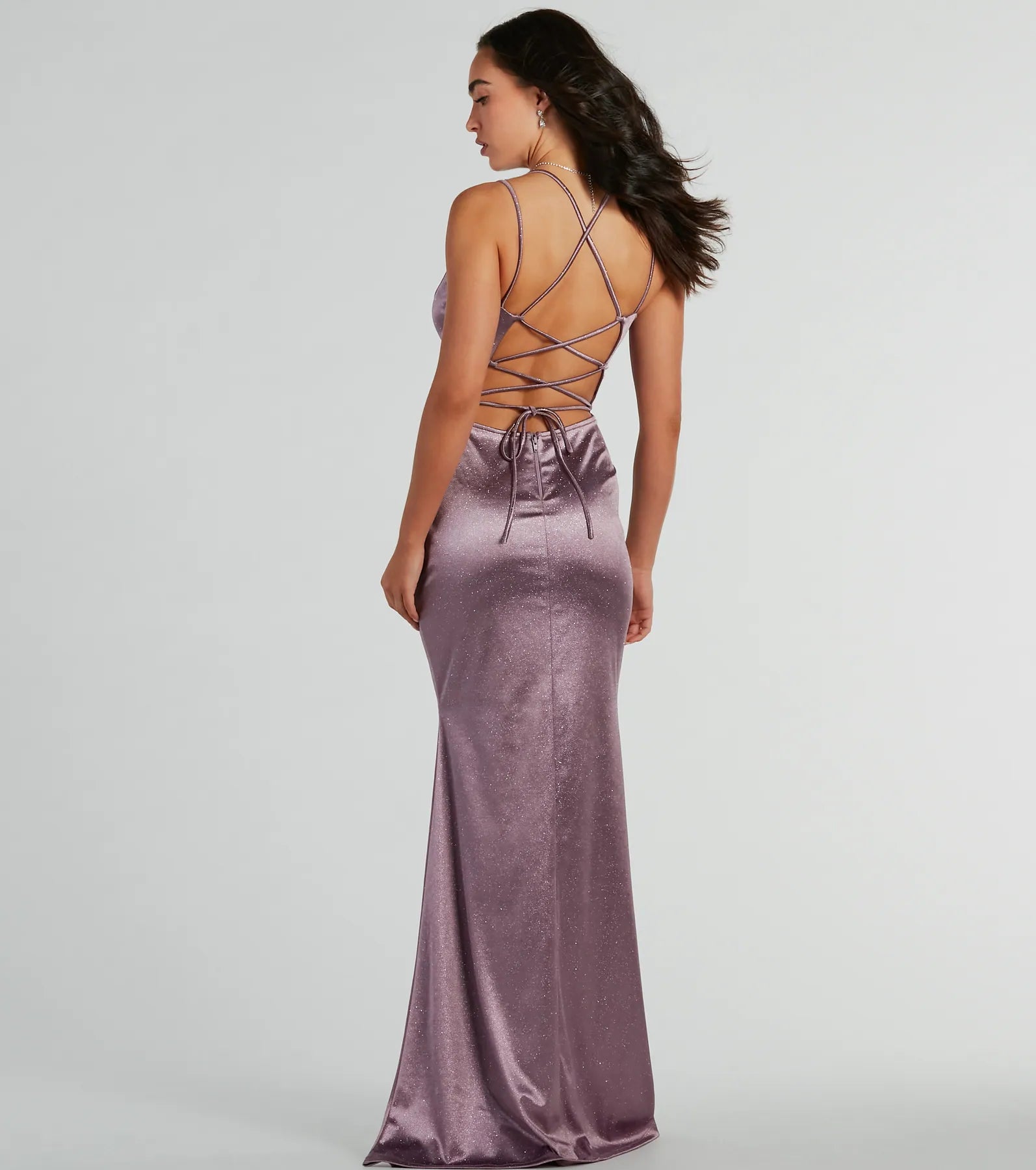 Melanie Sleeveless Lace-Up Glitter Satin Formal Dress - Image 2