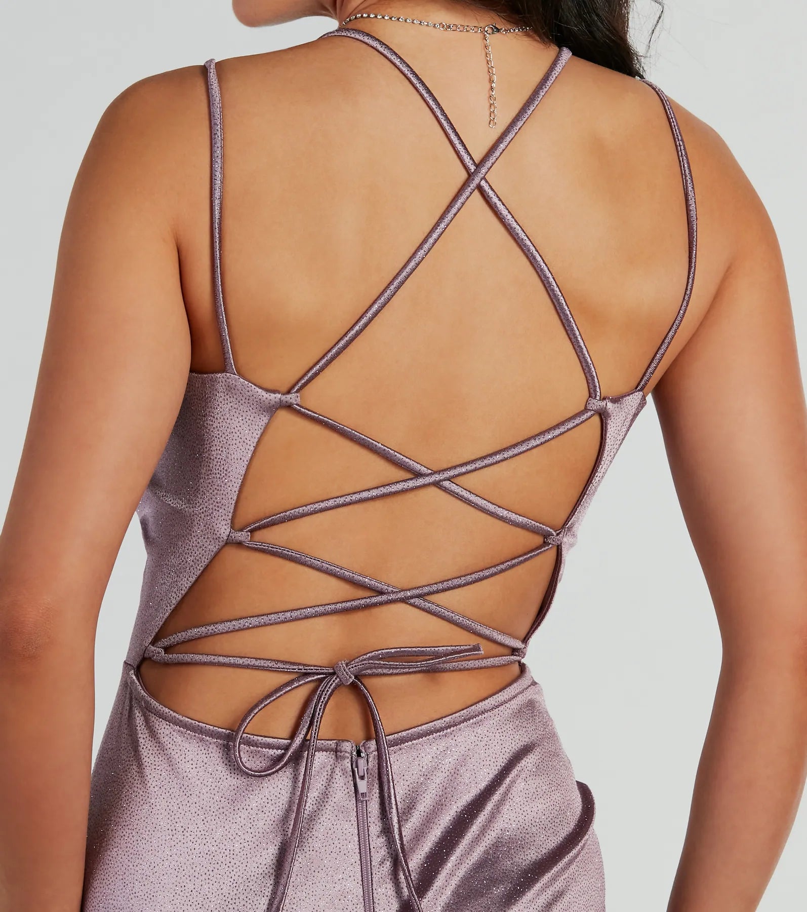 Melanie Sleeveless Lace-Up Glitter Satin Formal Dress - Image 4