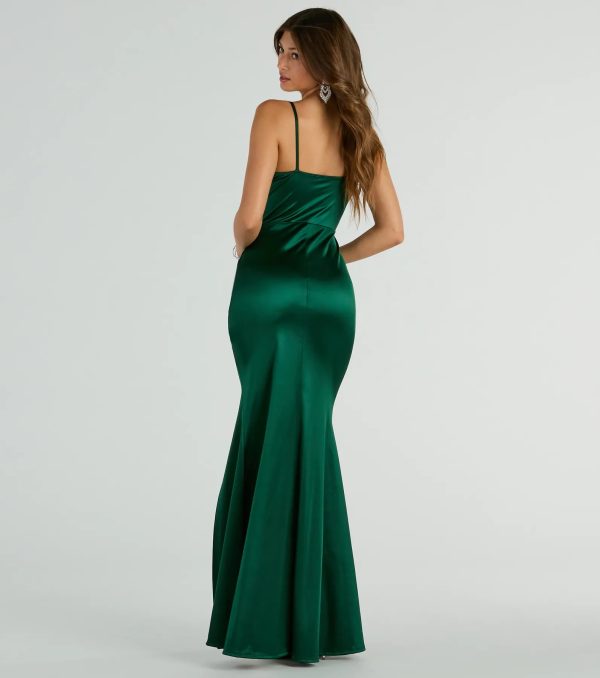 Jazmine Cowl Neck Slit A-Line Satin Formal Dress - Image 2