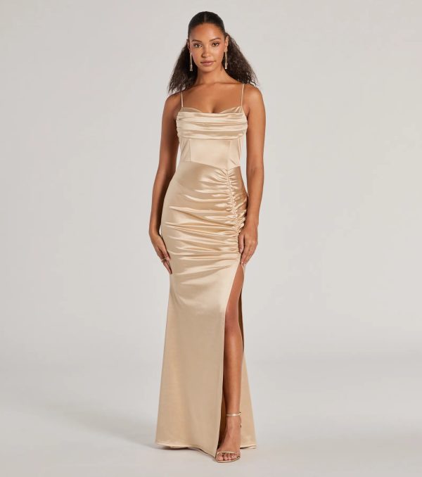 Jazmine Cowl Neck Slit A-Line Satin Formal Dress - Image 5