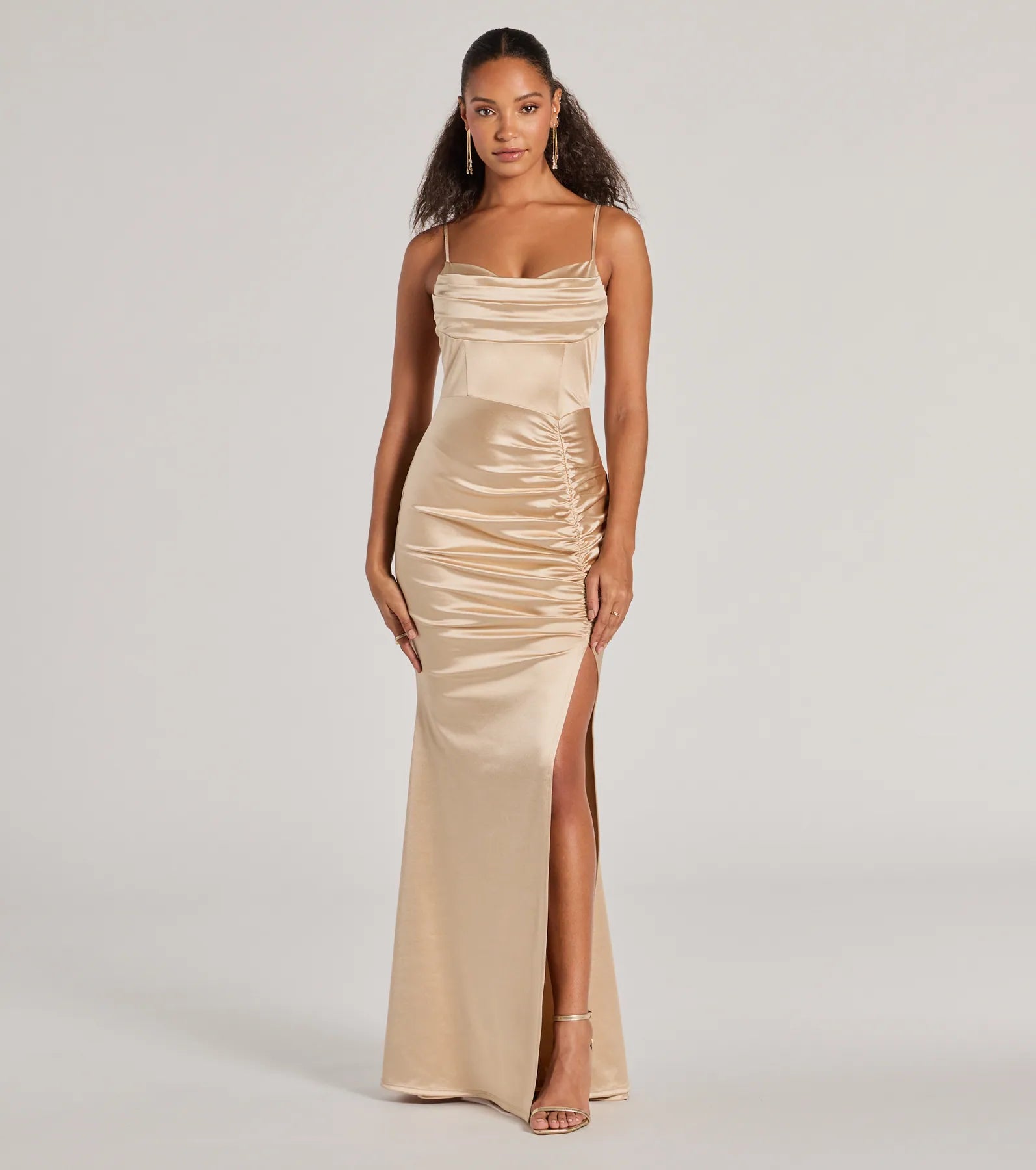 Jazmine Cowl Neck Slit A-Line Satin Formal Dress - Image 5