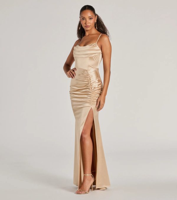 Jazmine Cowl Neck Slit A-Line Satin Formal Dress - Image 8