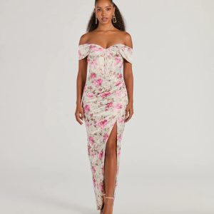 Mildred Off-The-Shoulder Floral Satin Formal Dress
