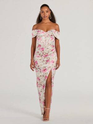Mildred Off-The-Shoulder Floral Satin Formal Dress