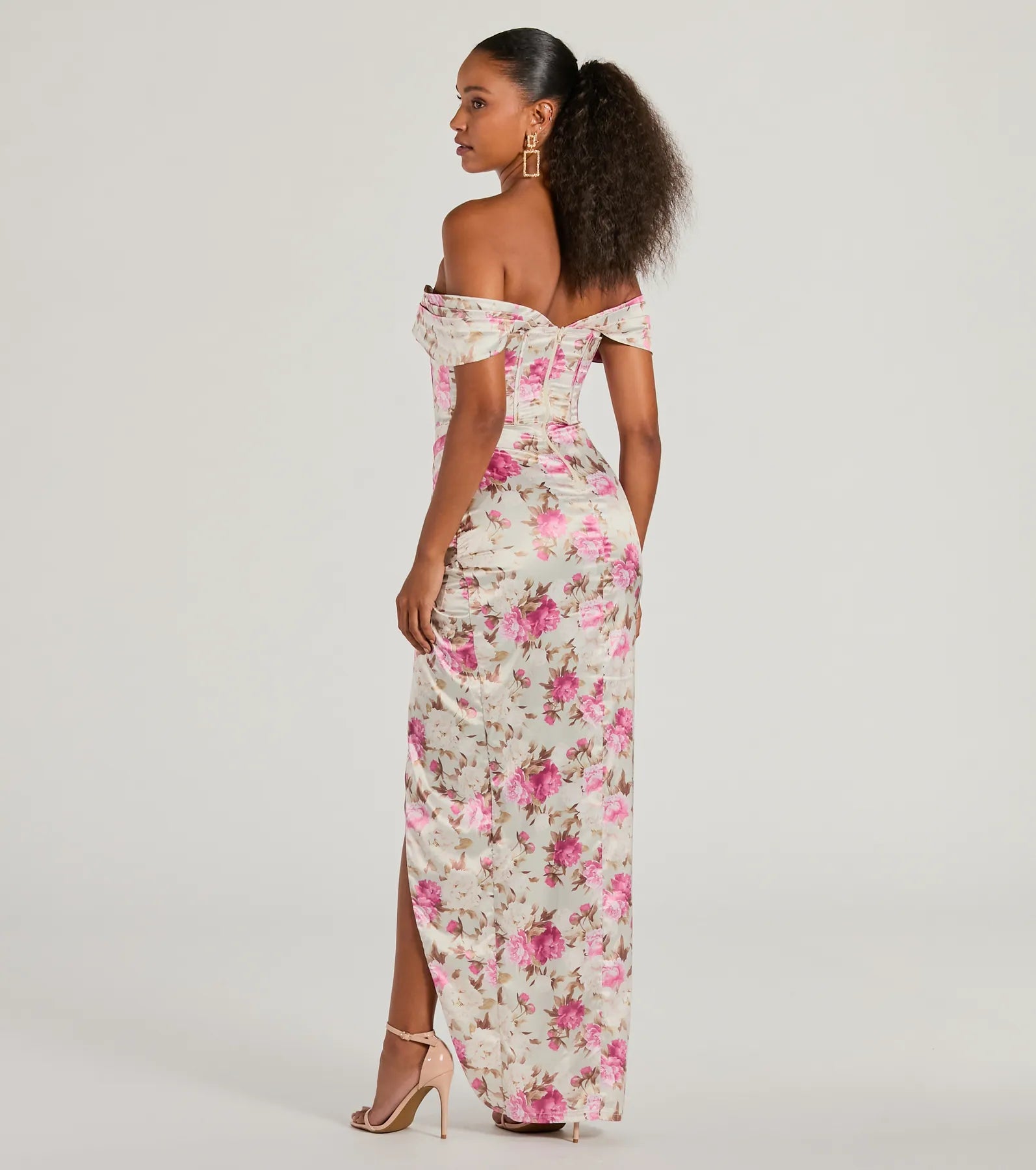 Mildred Off-The-Shoulder Floral Satin Formal Dress - Image 2