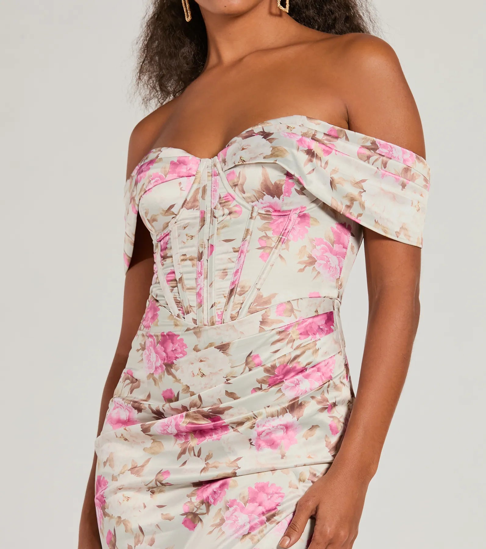 Mildred Off-The-Shoulder Floral Satin Formal Dress - Image 3