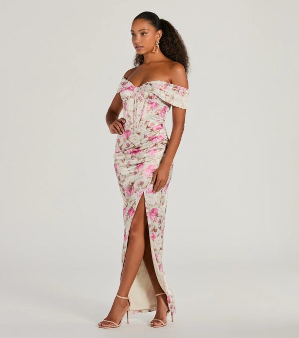 Mildred Off-The-Shoulder Floral Satin Formal Dress - Image 4