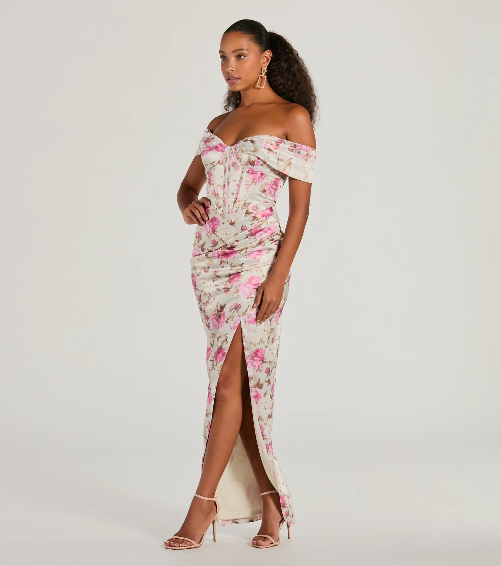 Mildred Off-The-Shoulder Floral Satin Formal Dress - Image 4