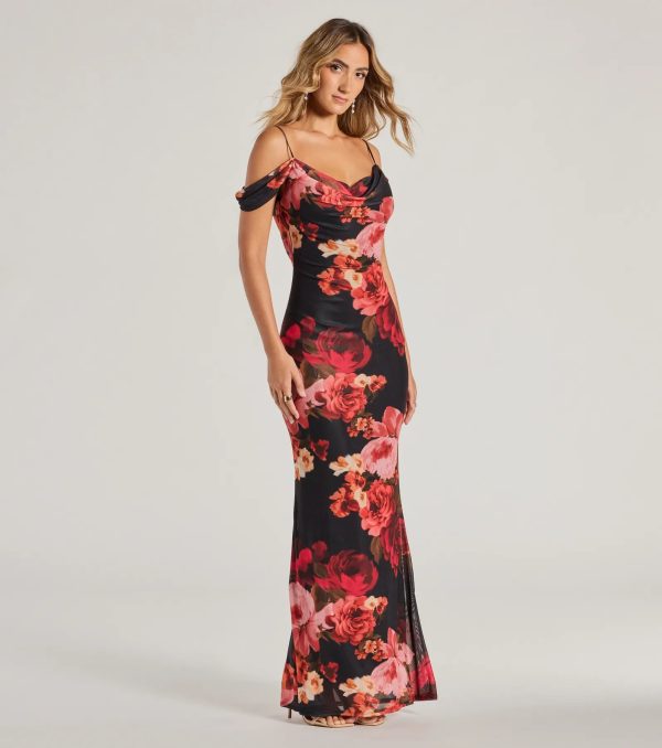 Francie Cold Shoulder Slim Floral Formal Dress - Image 4