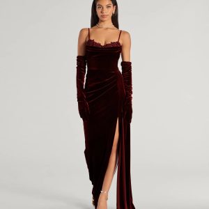 Inez Beaded Applique Velvet Formal Column Dress With Gloves