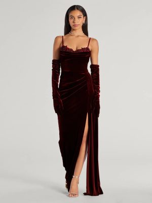 Inez Beaded Applique Velvet Formal Column Dress With Gloves
