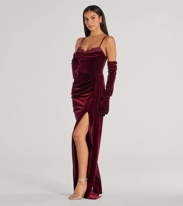 Inez Beaded Applique Velvet Formal Column Dress With Gloves - Image 4
