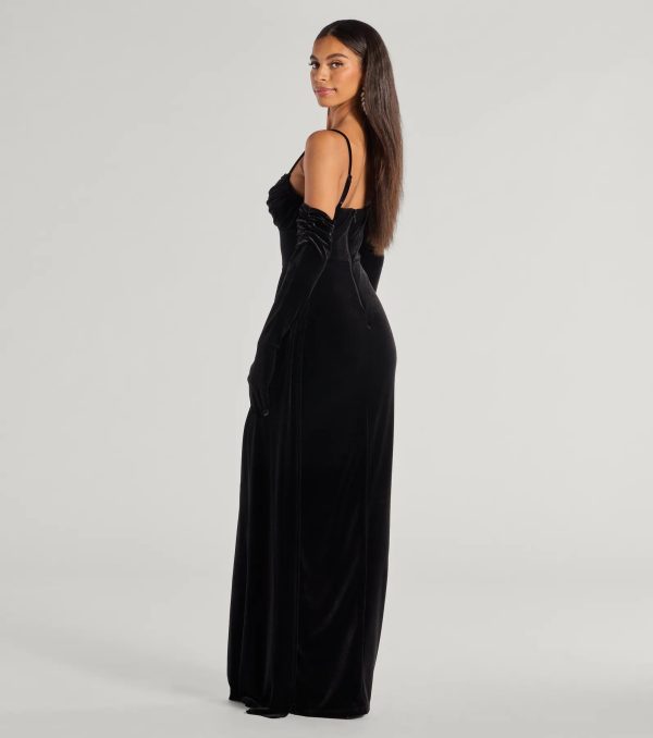 Inez Beaded Applique Velvet Formal Column Dress With Gloves - Image 6
