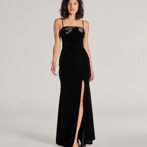 Gracie Velvet and Bow High Slit Mermaid Dress