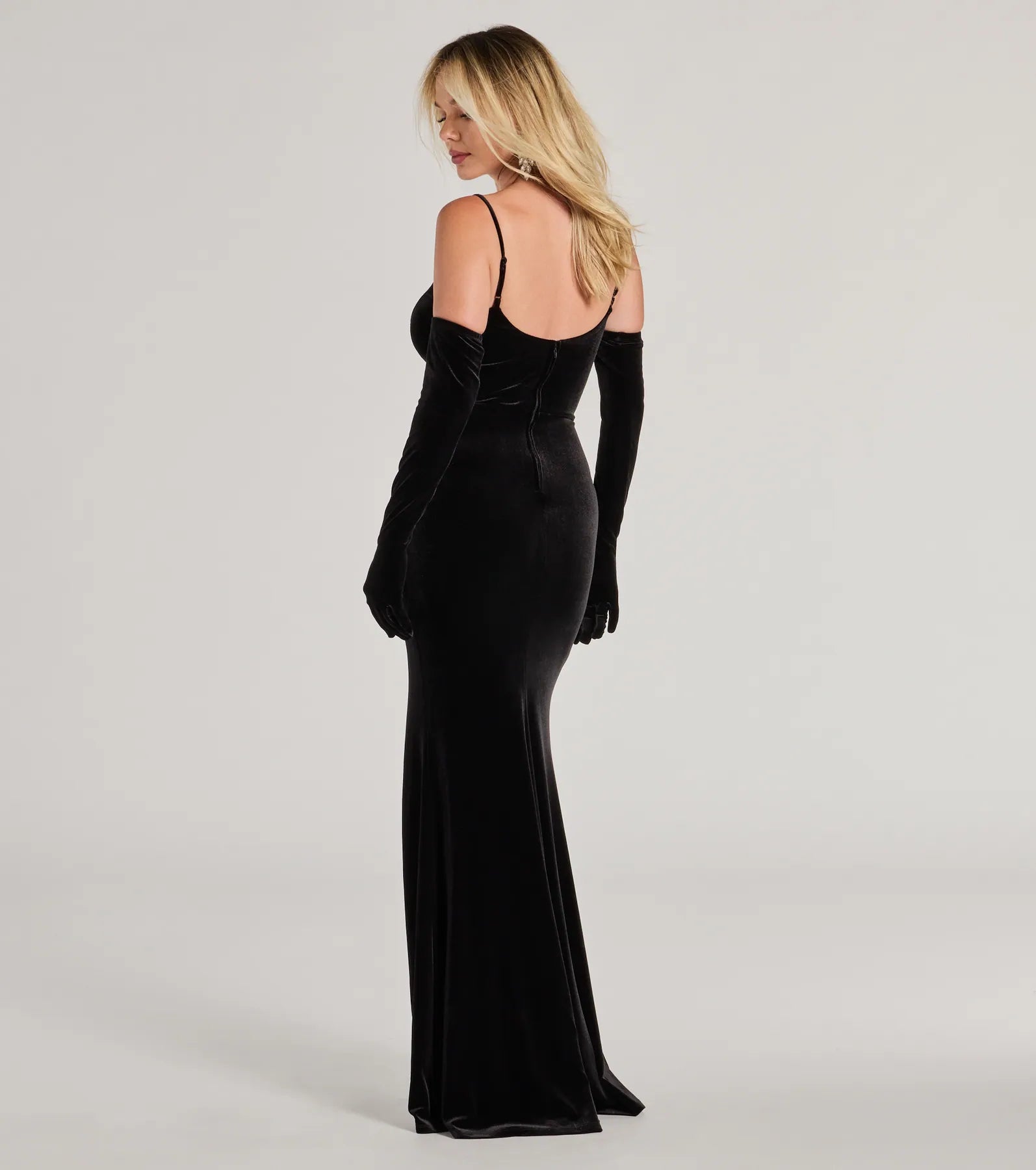 Tina Rhinestone Bow Velvet Formal Dress With Gloves - Image 2