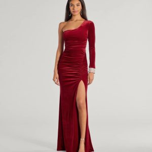 Lyra Velvet One-Shoulder Rhinestone Cuff Mermaid Dress