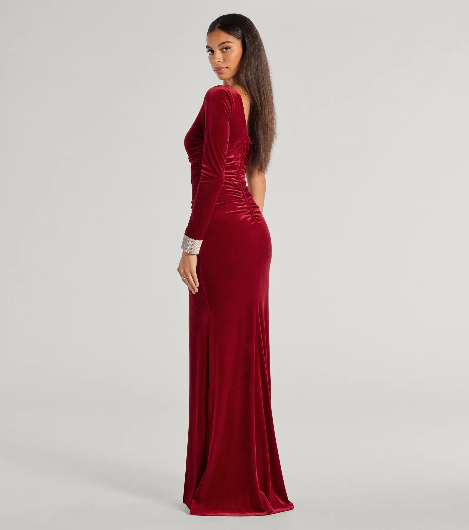 Lyra Velvet One-Shoulder Rhinestone Cuff Mermaid Dress - Image 2
