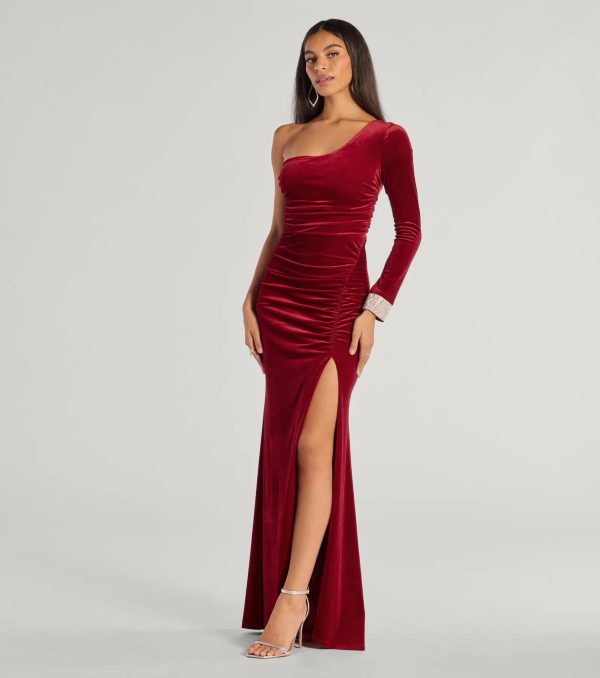 Lyra Velvet One-Shoulder Rhinestone Cuff Mermaid Dress - Image 4