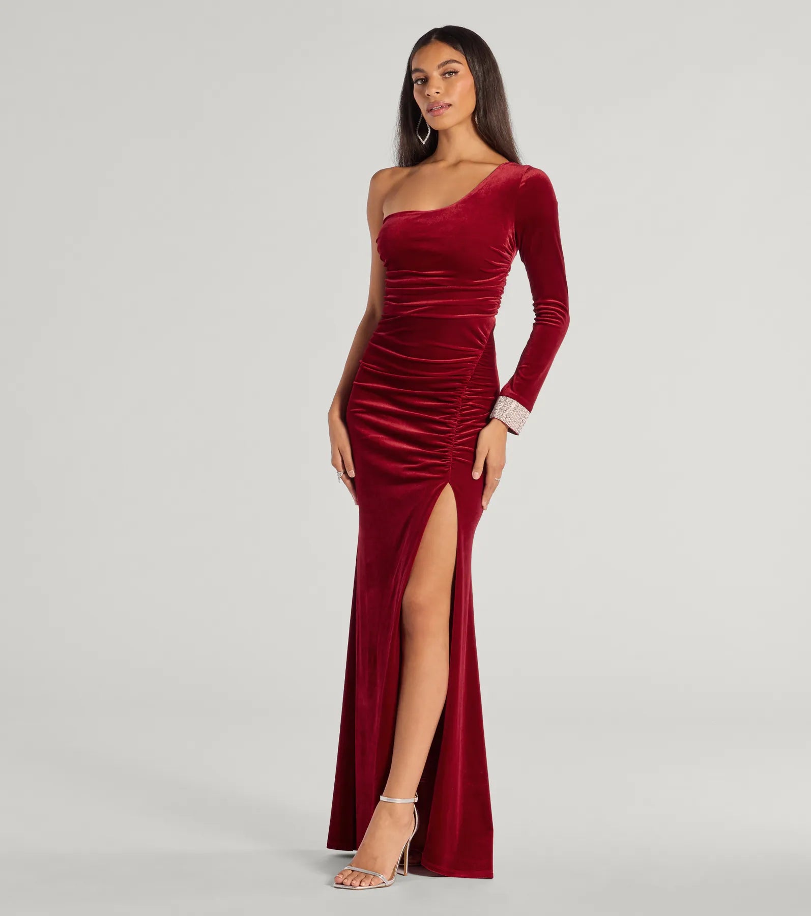 Lyra Velvet One-Shoulder Rhinestone Cuff Mermaid Dress - Image 4