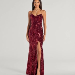 Meara Sequin Velvet Hight Slit Column Dress