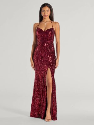 Meara Sequin Velvet Hight Slit Column Dress