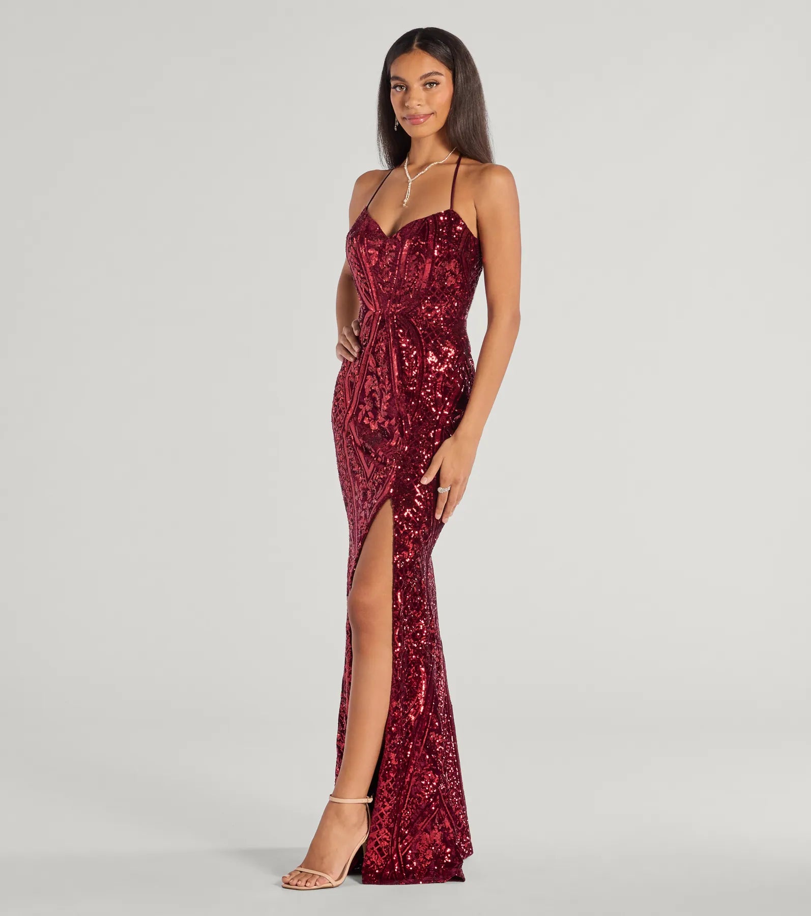 Meara Sequin Velvet Hight Slit Column Dress - Image 4