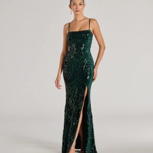 Lilia Sequin Velvet High Slit Column Dress