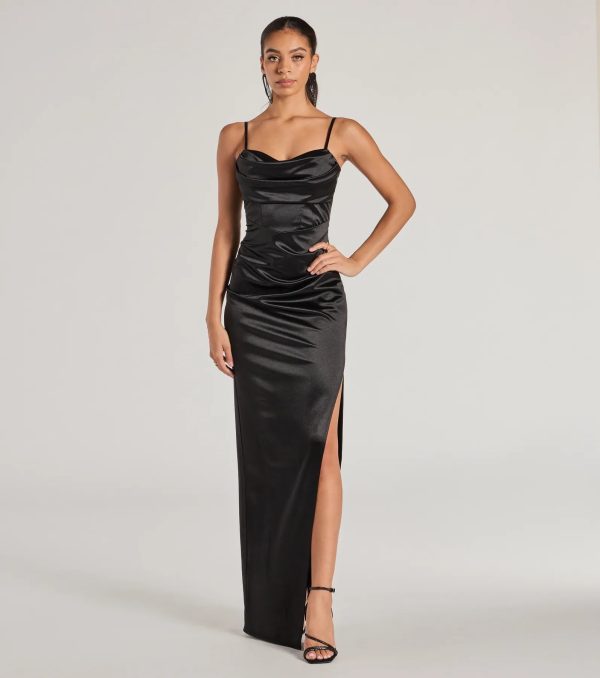 Iliana Cowl Neck High Slit Satin Column Dress - Image 9