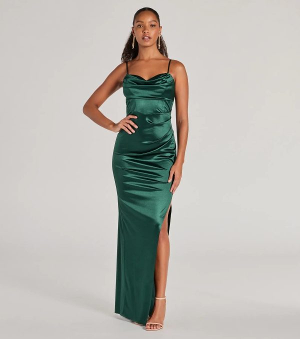 Iliana Cowl Neck High Slit Satin Column Dress - Image 16