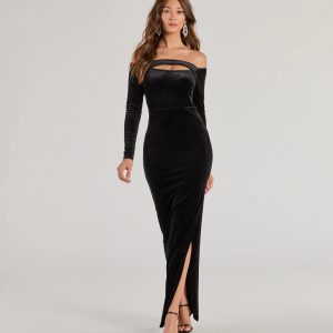 Rosalyn Velvet Off-The Shoulder Long Sleeve Column Dress