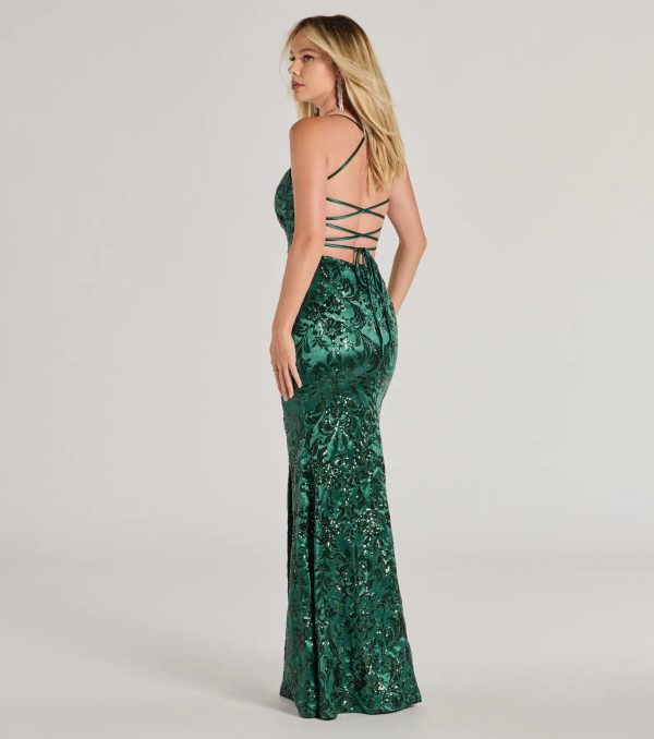 Marisol Lace-Up Column Sequin Satin Formal Dress - Image 10
