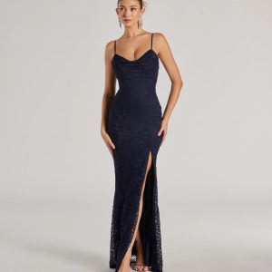 Romina Lace Cowl Neck High Slit Mermaid Dress