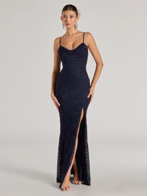 Romina Lace Cowl Neck High Slit Mermaid Dress