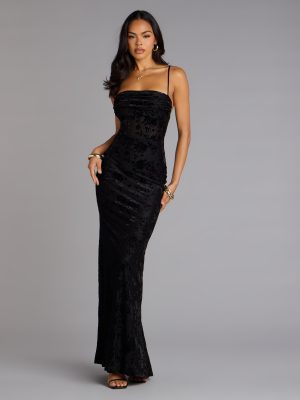 Alessandra Sleeveless Flocked Velvet Mermaid Dress