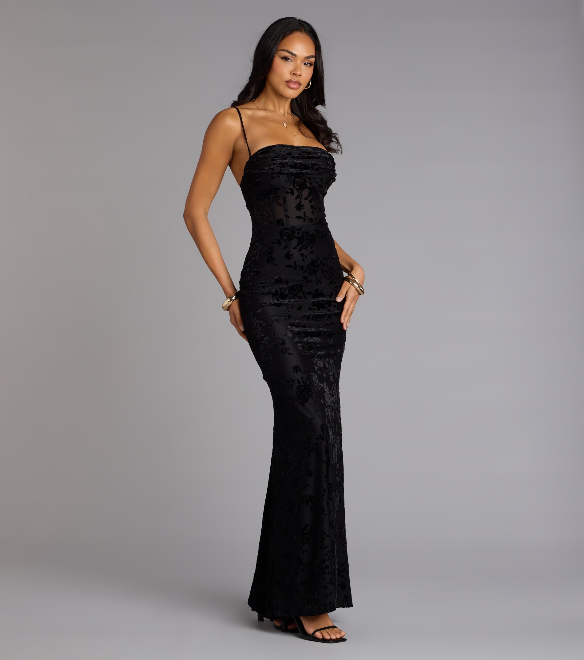 Alessandra Sleeveless Flocked Velvet Mermaid Dress - Image 4