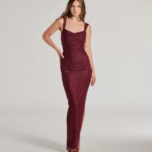 Amora Glitter Mesh High Slit Column Dress