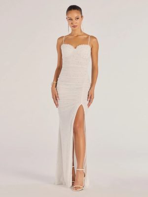 Milena Faux Pearl Mesh High Slit Mermaid Dress