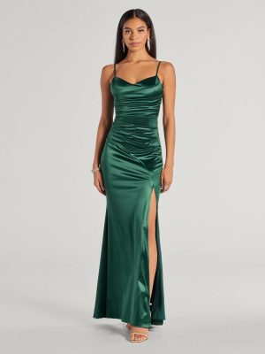 Kamari Satin Pleated High Slit Mermaid Dress