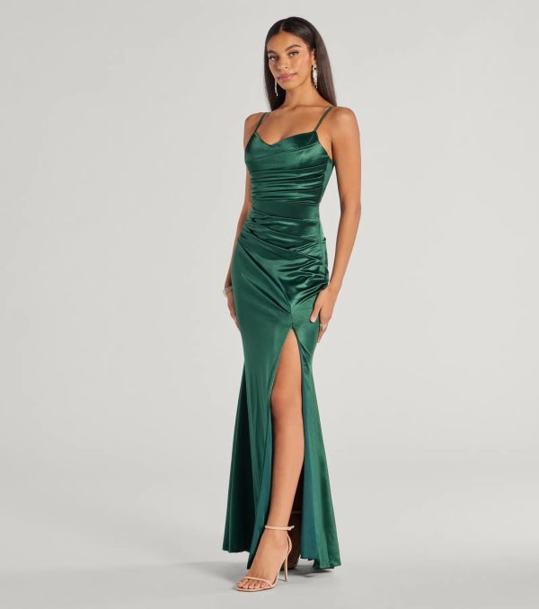 Kamari Satin Pleated High Slit Mermaid Dress - Image 4