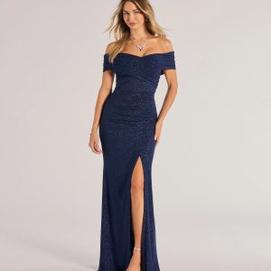 Giada Glitter Knit Off-the-Shoulder Column Dress