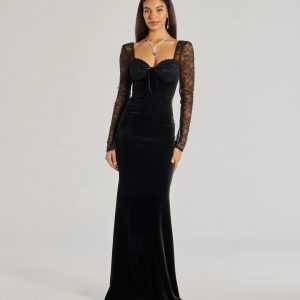 Jaya Long Sleeve Lace And Velvet Column Dress