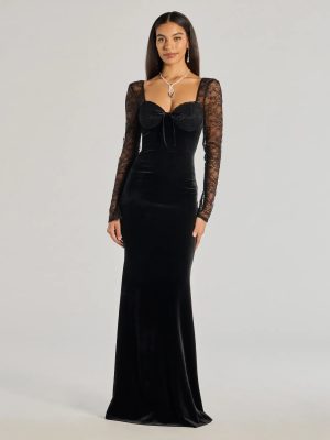 Jaya Long Sleeve Lace And Velvet Column Dress