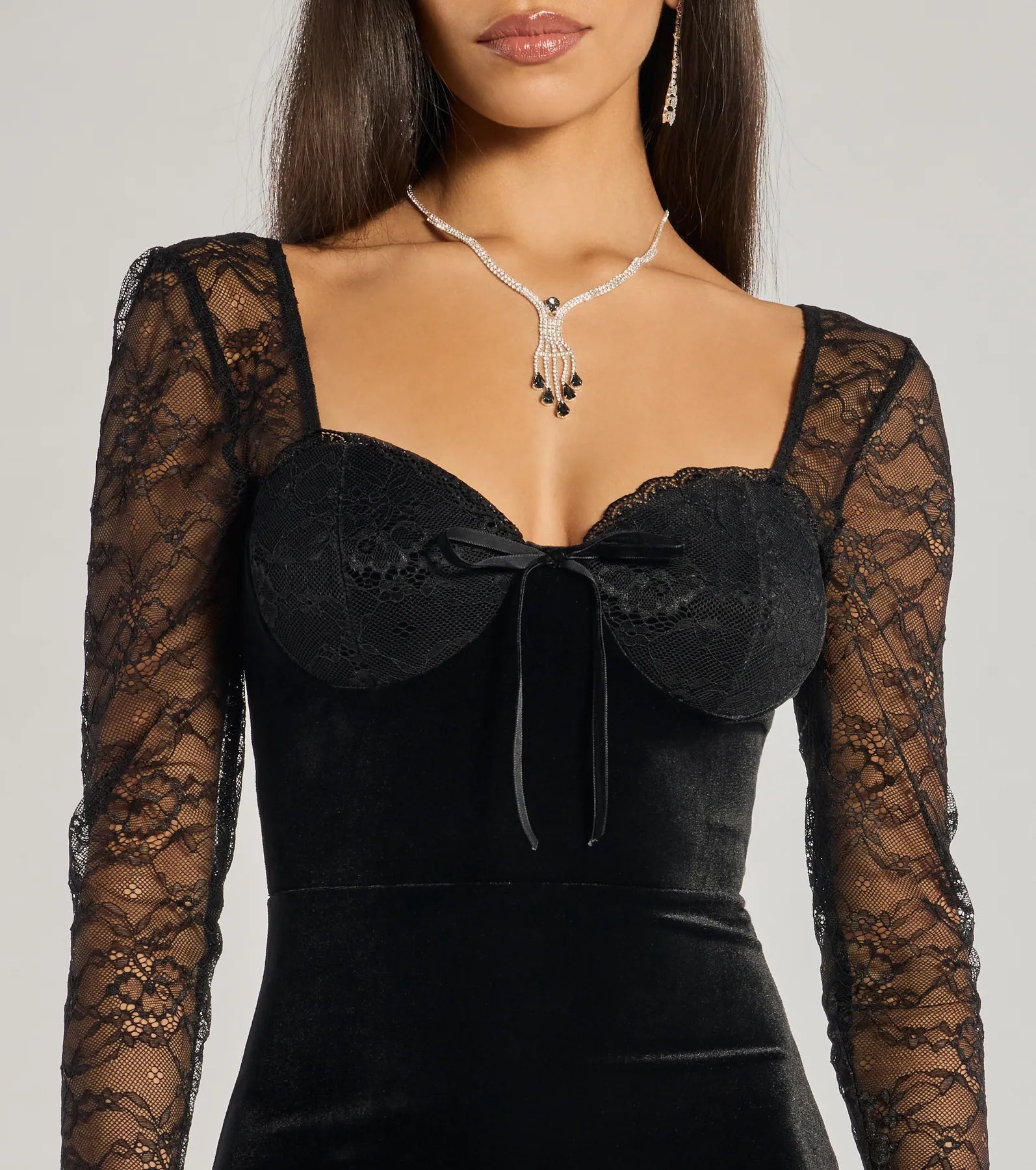 Jaya Long Sleeve Lace And Velvet Column Dress - Image 3